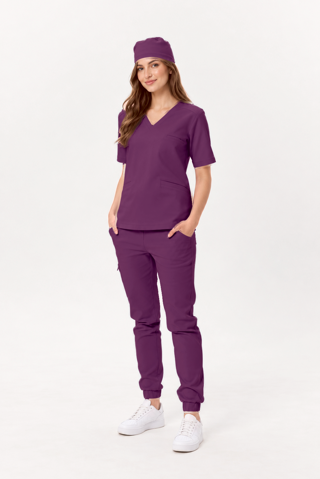 Dames medische jogger Sara, kleur pruim, voorkant