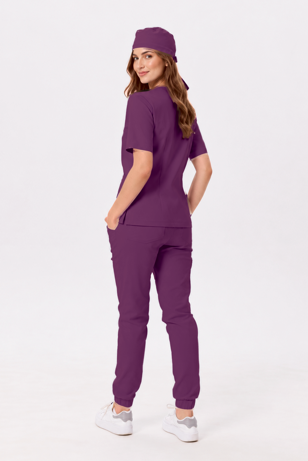 Dames medische jogger Sara, kleur pruim, achterkant