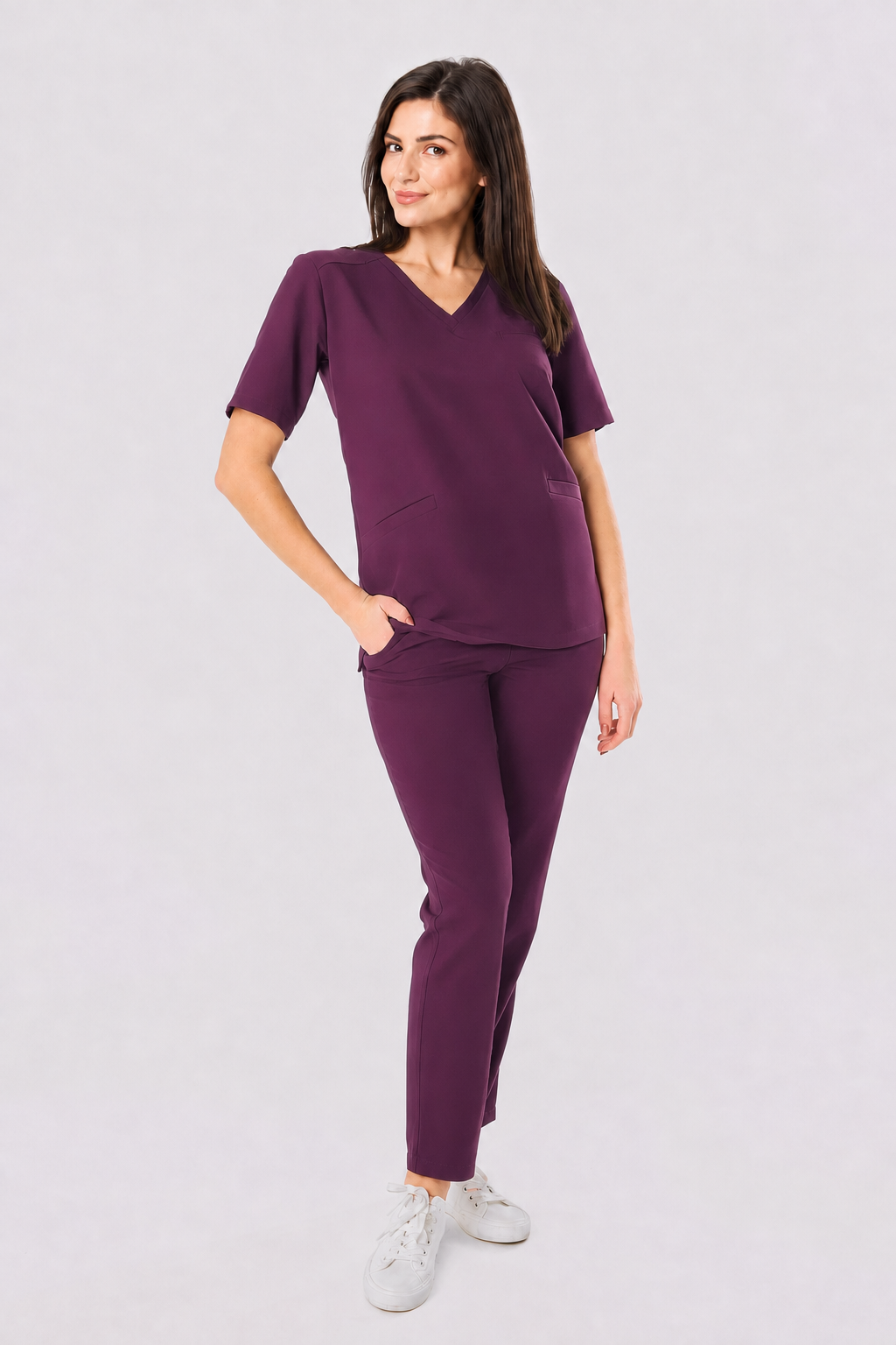 Dames medische broek recht Zara, kleur aubergine, voorkant