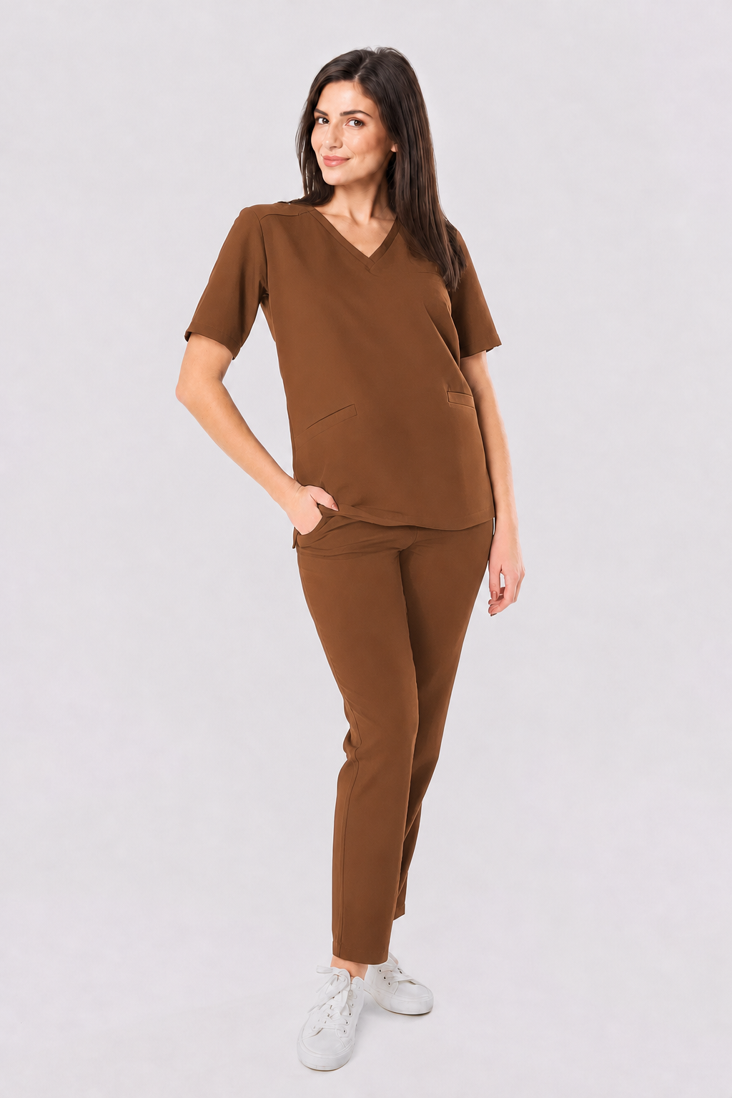 Dames medische broek recht Zara, kleur chocolade, voorkant