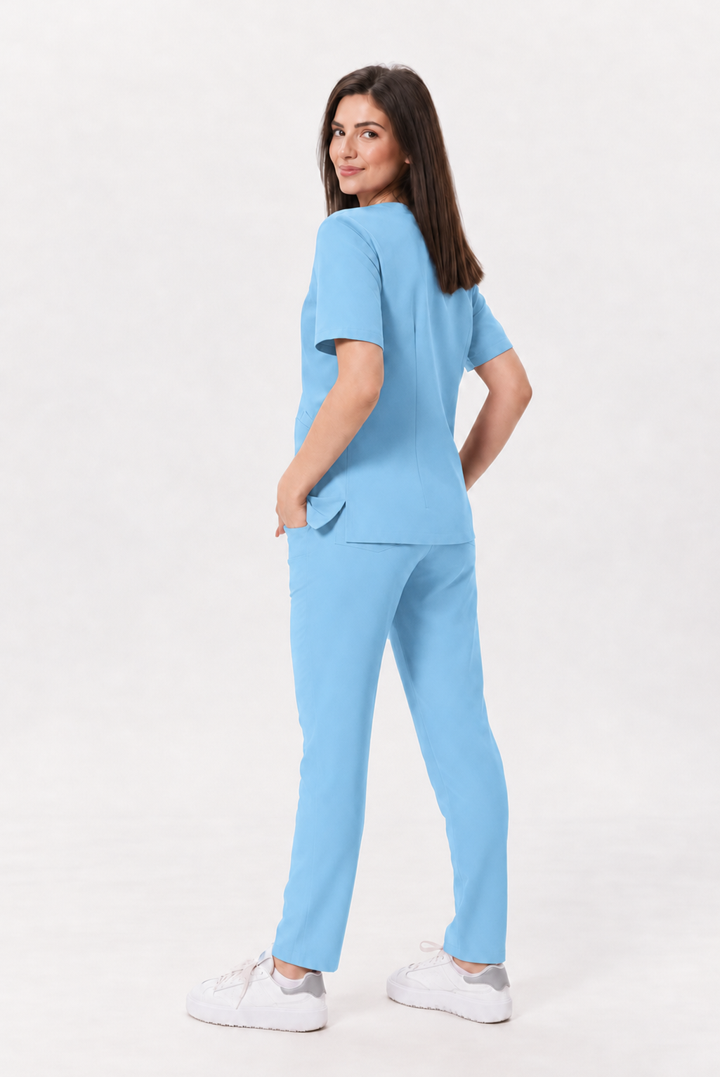 Dames medische broek recht Zara, kleur hemelsblauw, achterkant