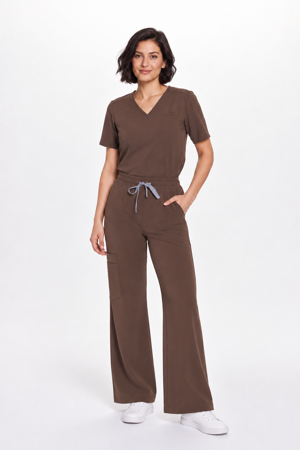 Dames medische broek wijde pijp Freya, kleur espresso, voorkant