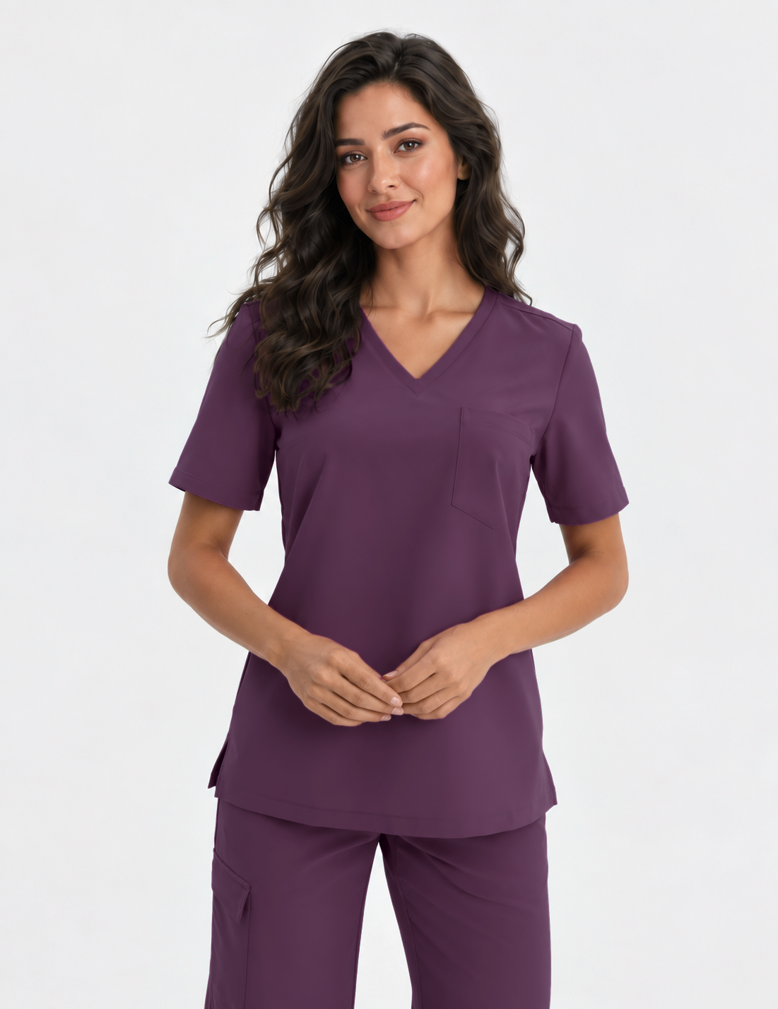 Dames scrubtop V-hals Aura, kleur aubergine, voorkant