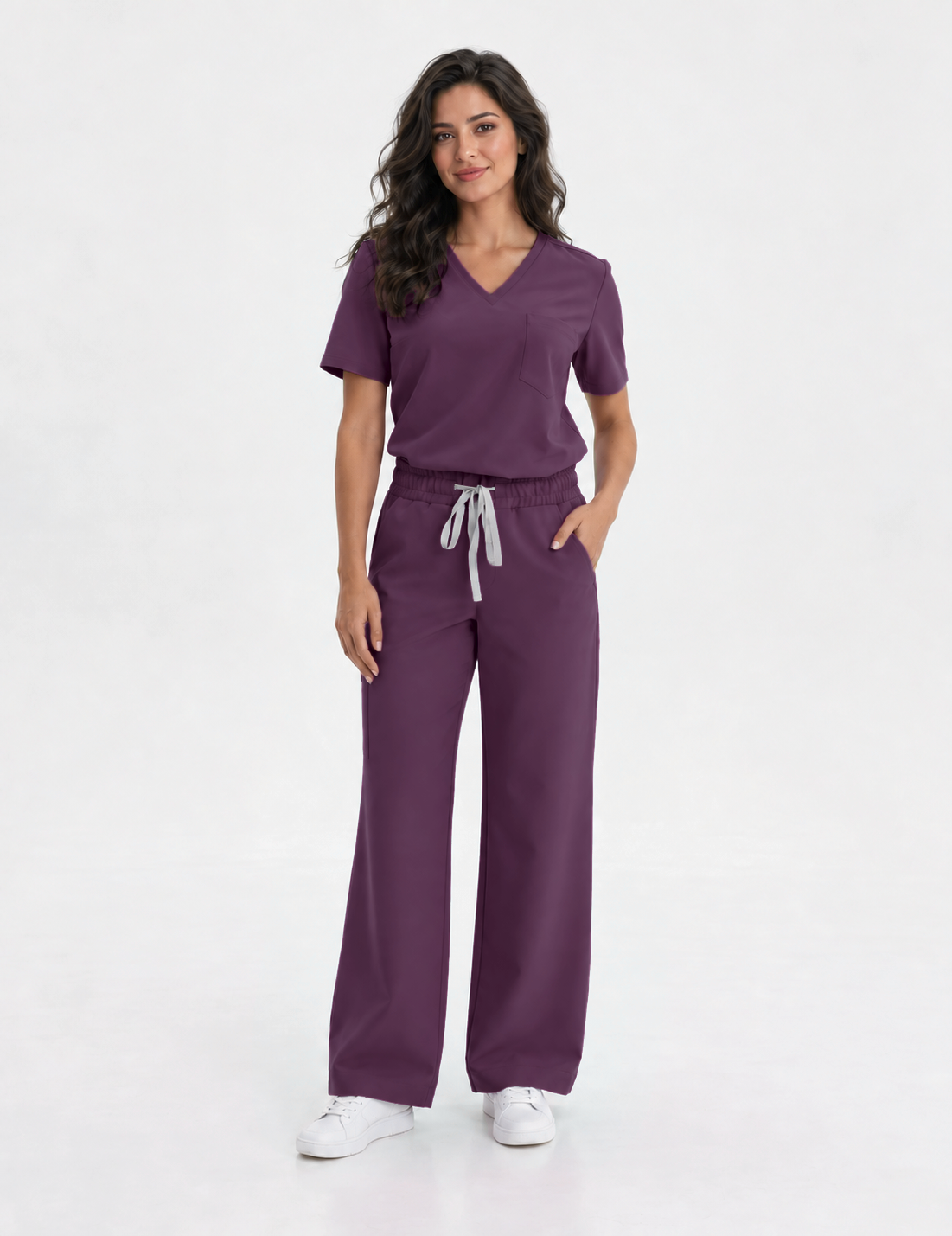 Dames scrubtop V-hals Aura, kleur aubergine, voorkant