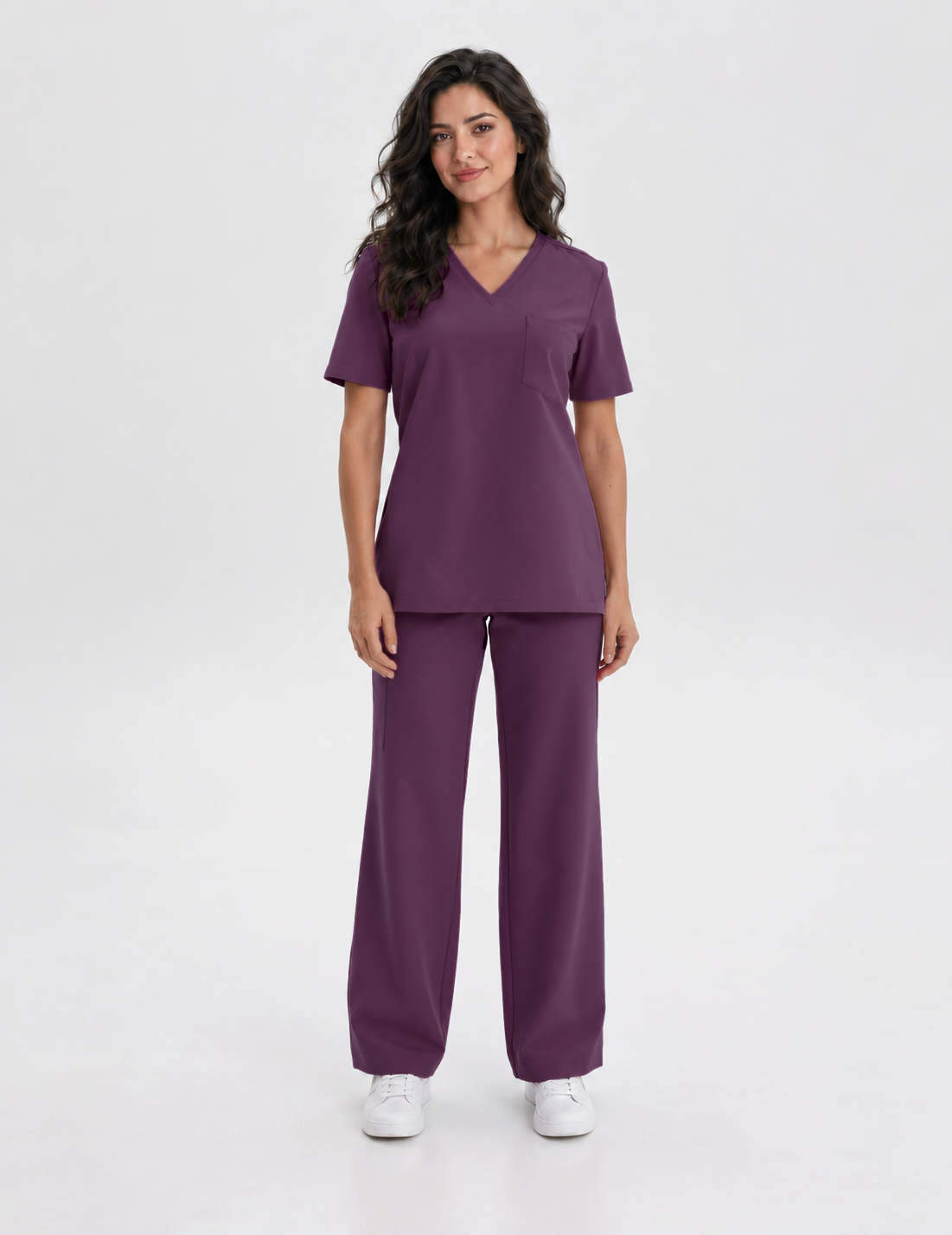 Dames scrubtop V-hals Aura, kleur aubergine, voorkant
