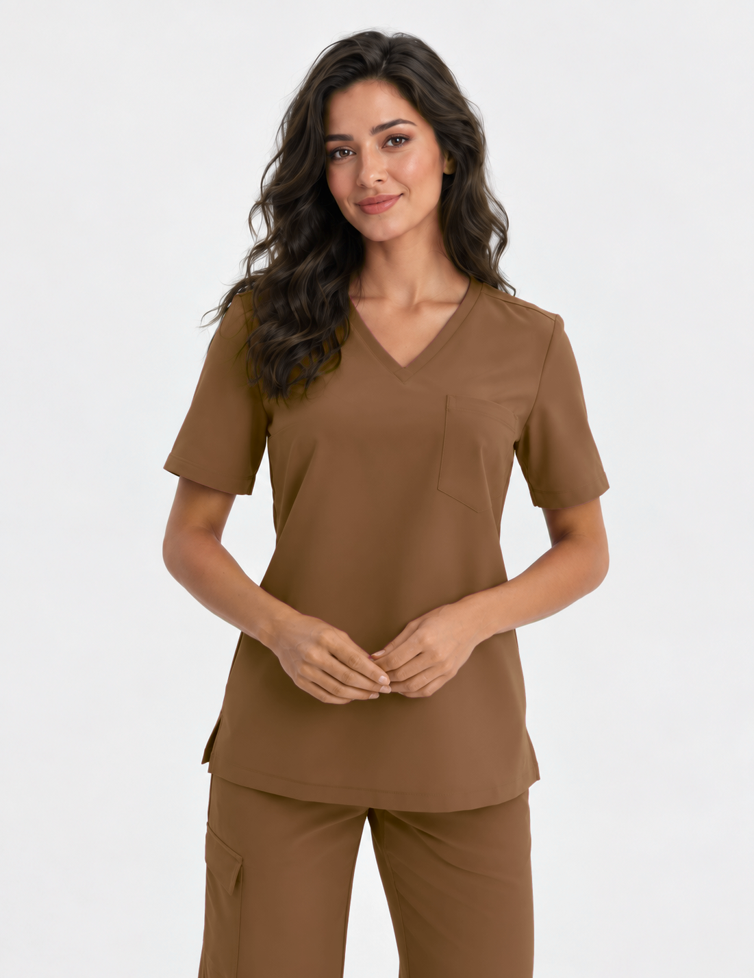 Dames scrubtop V-hals Aura, kleur chocolade, voorkant