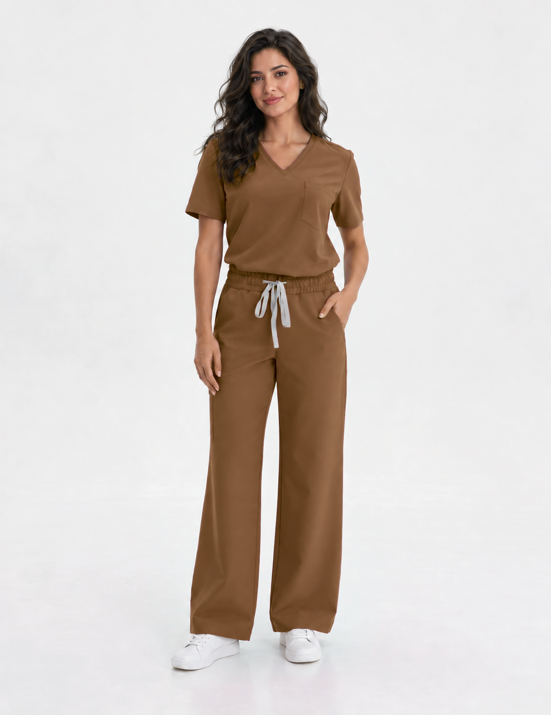 Dames scrubtop V-hals Aura, kleur chocolade, voorkant