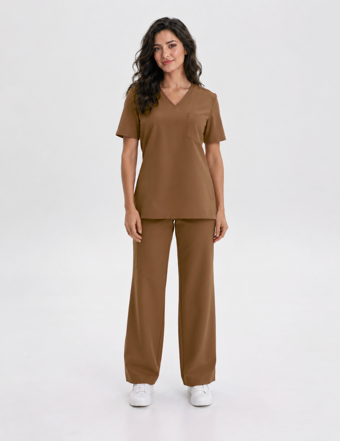 Dames scrubtop V-hals Aura, kleur chocolade, voorkant