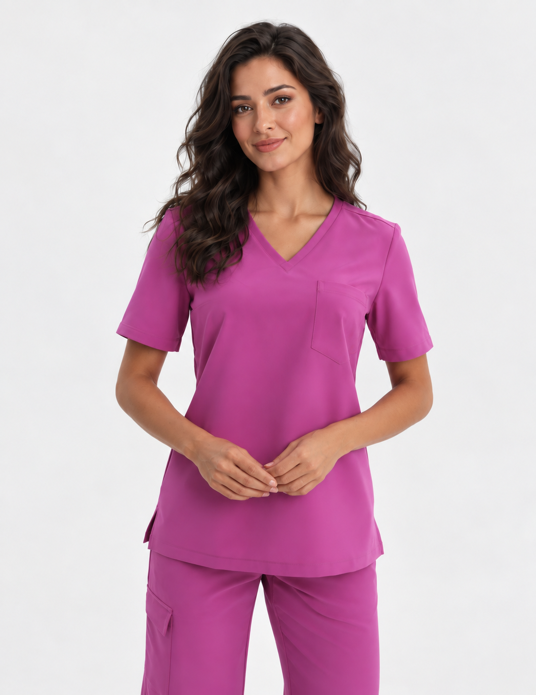 Dames scrubtop V-hals Aura, kleur amarant, voorkant
