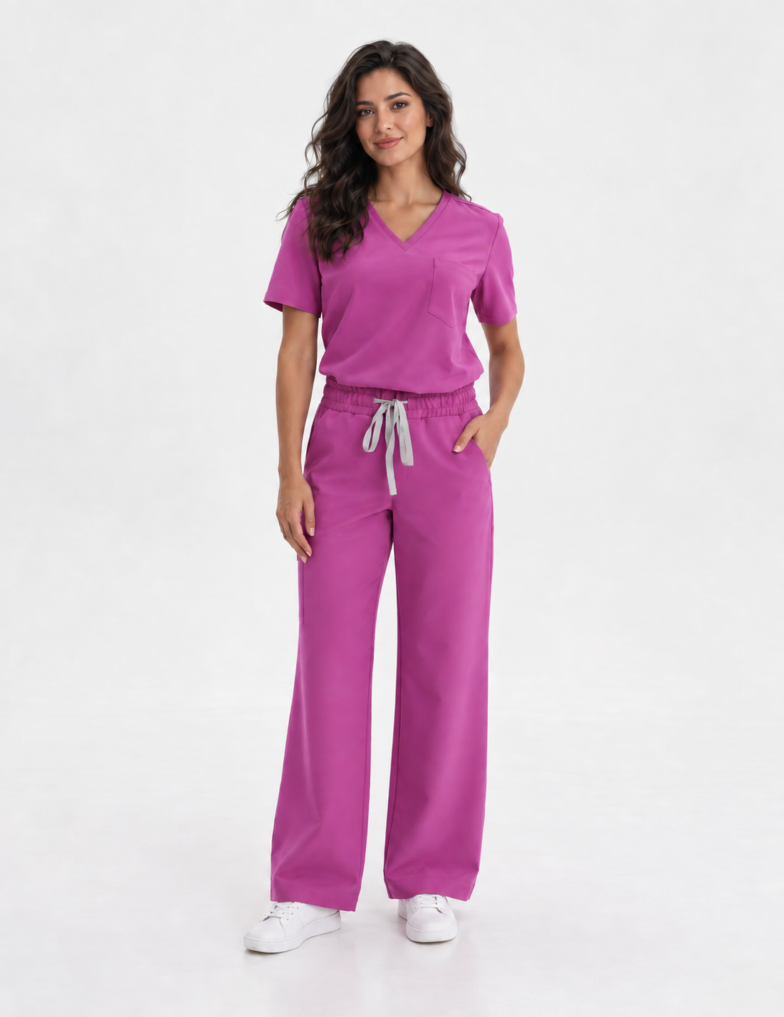Dames scrubtop V-hals Aura, kleur amarant, voorkant