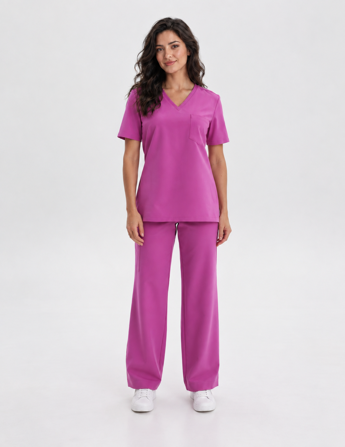 Dames scrubtop V-hals Aura, kleur amarant, voorkant