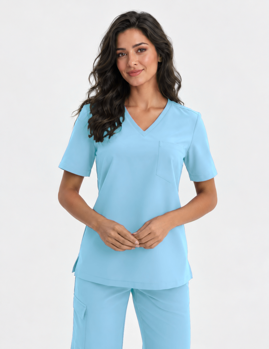 Dames scrubtop V-hals Aura, kleur hemelsblauw, voorkant