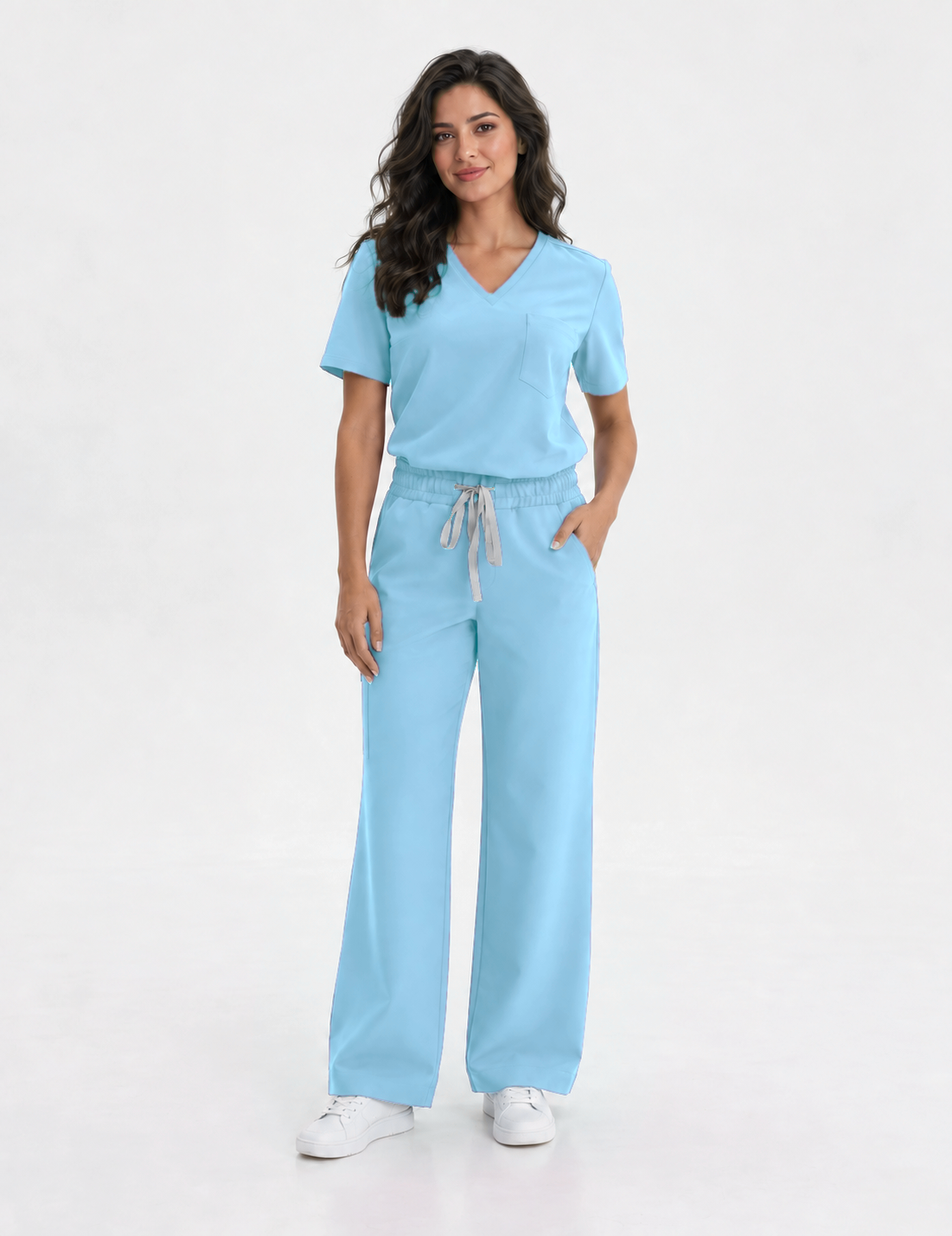 Dames scrubtop V-hals Aura, kleur hemelsblauw, voorkant