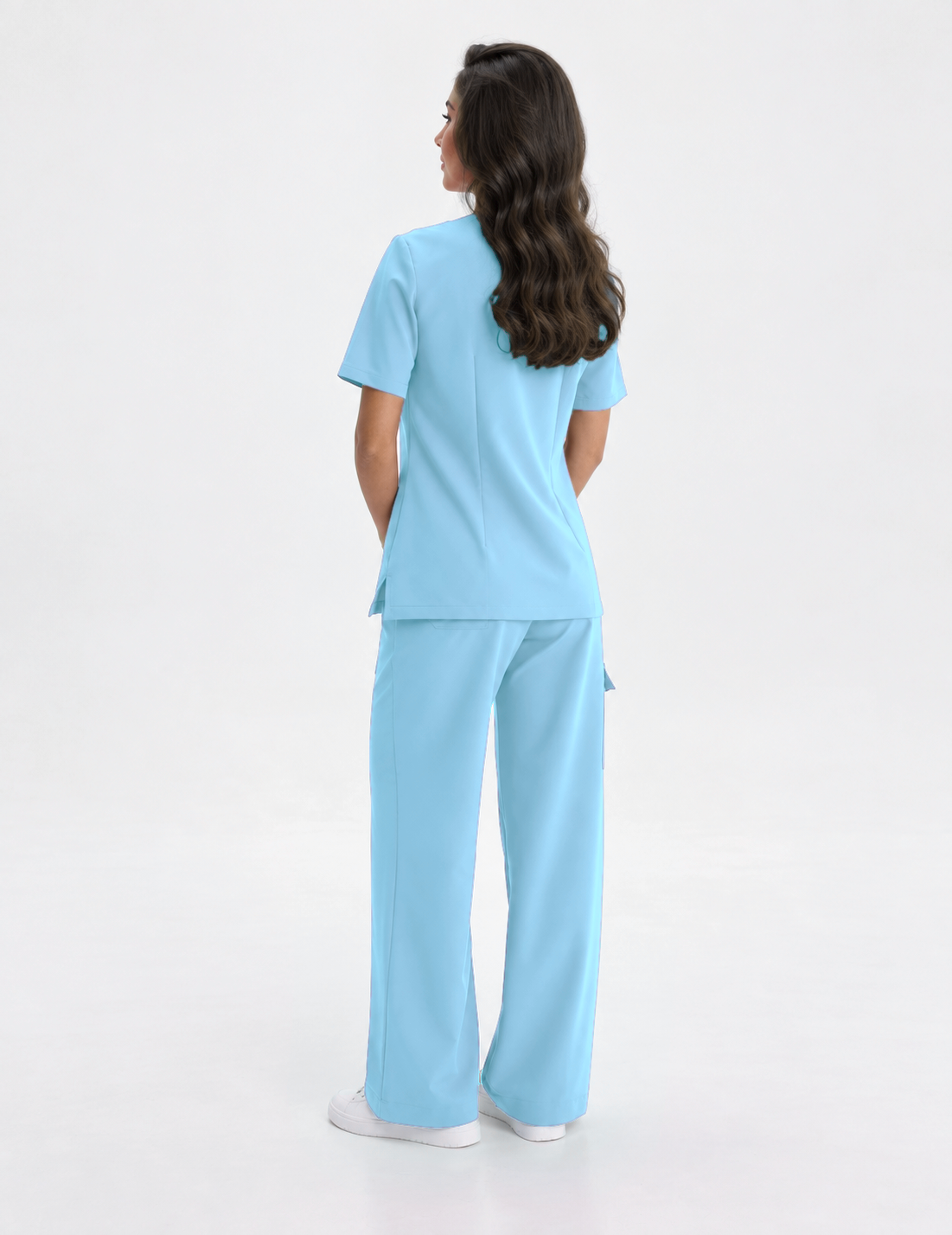 Dames scrubtop V-hals Aura, kleur hemelsblauw, achterkant