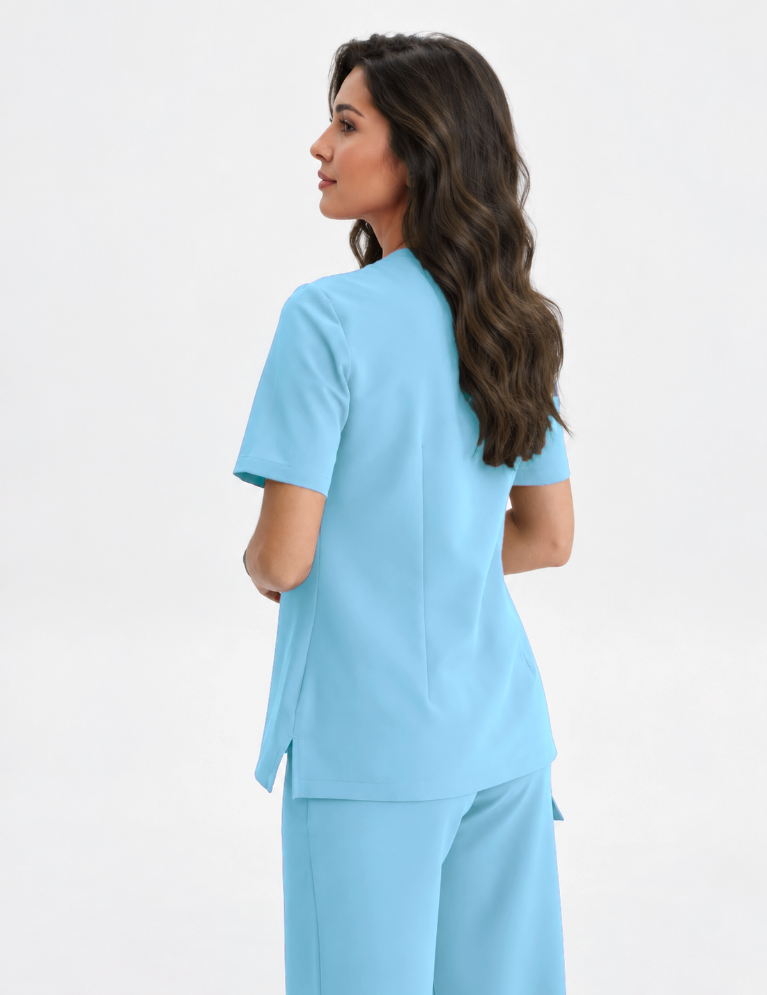 Dames scrubtop V-hals Aura, kleur hemelsblauw, achterkant