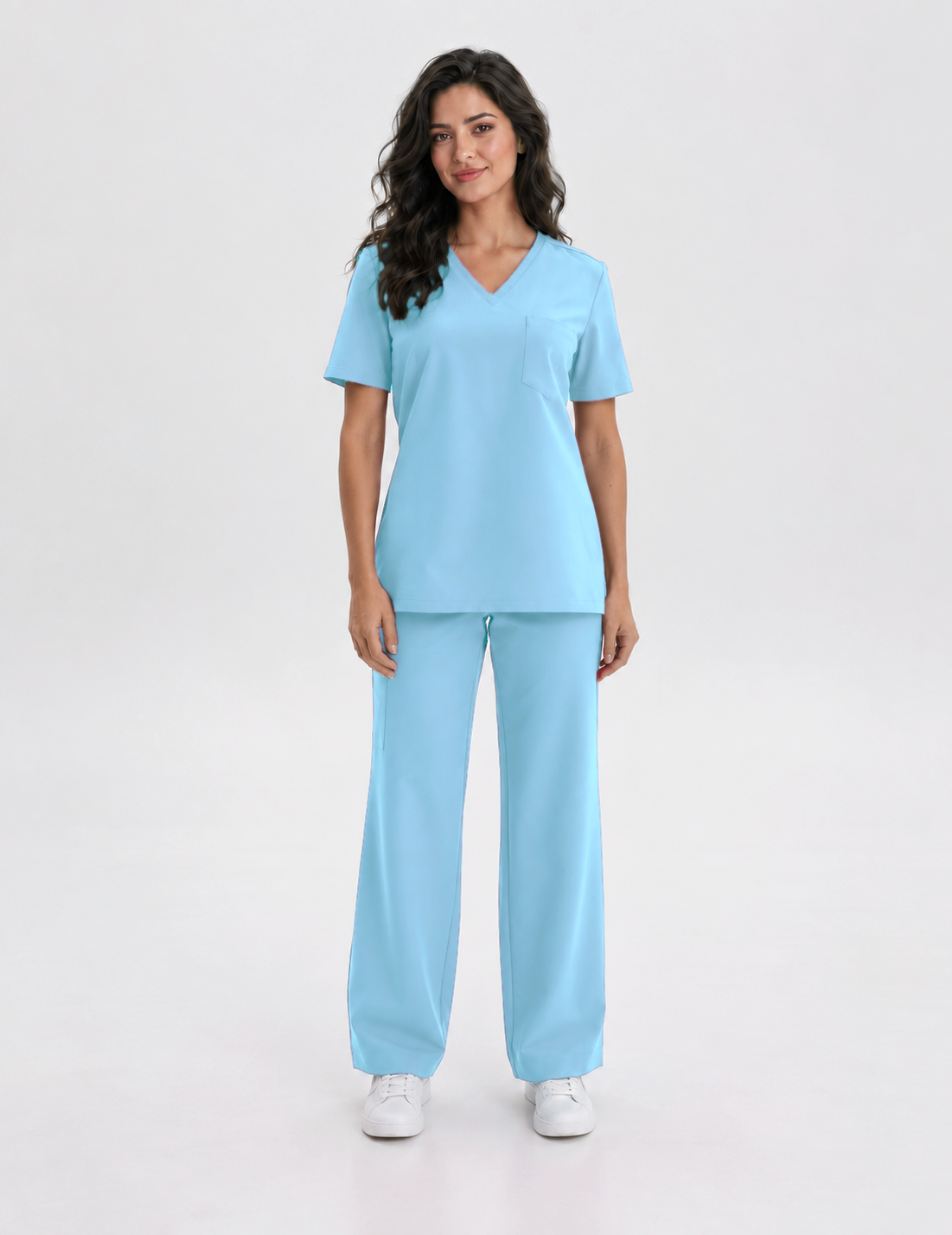 Dames scrubtop V-hals Aura, kleur hemelsblauw, voorkant