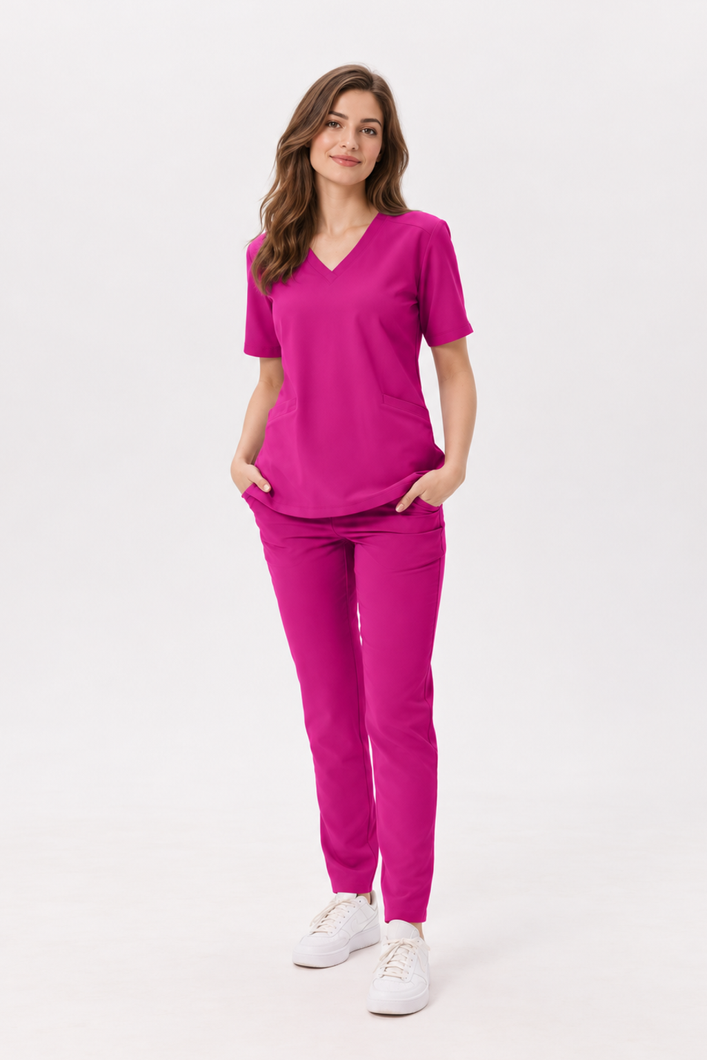 Dames scrubtop V-hals Livia, kleur amarant, voorkant
