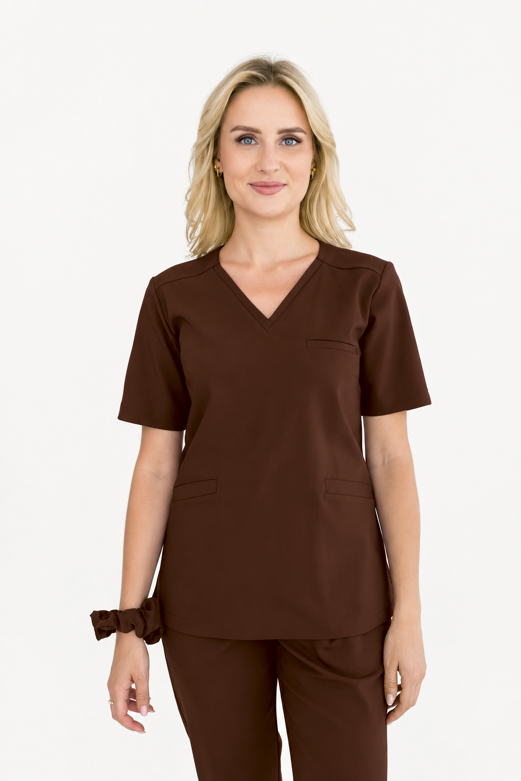 Dames scrubtop V-hals Vera, kleur pure chocolade, voorkant
