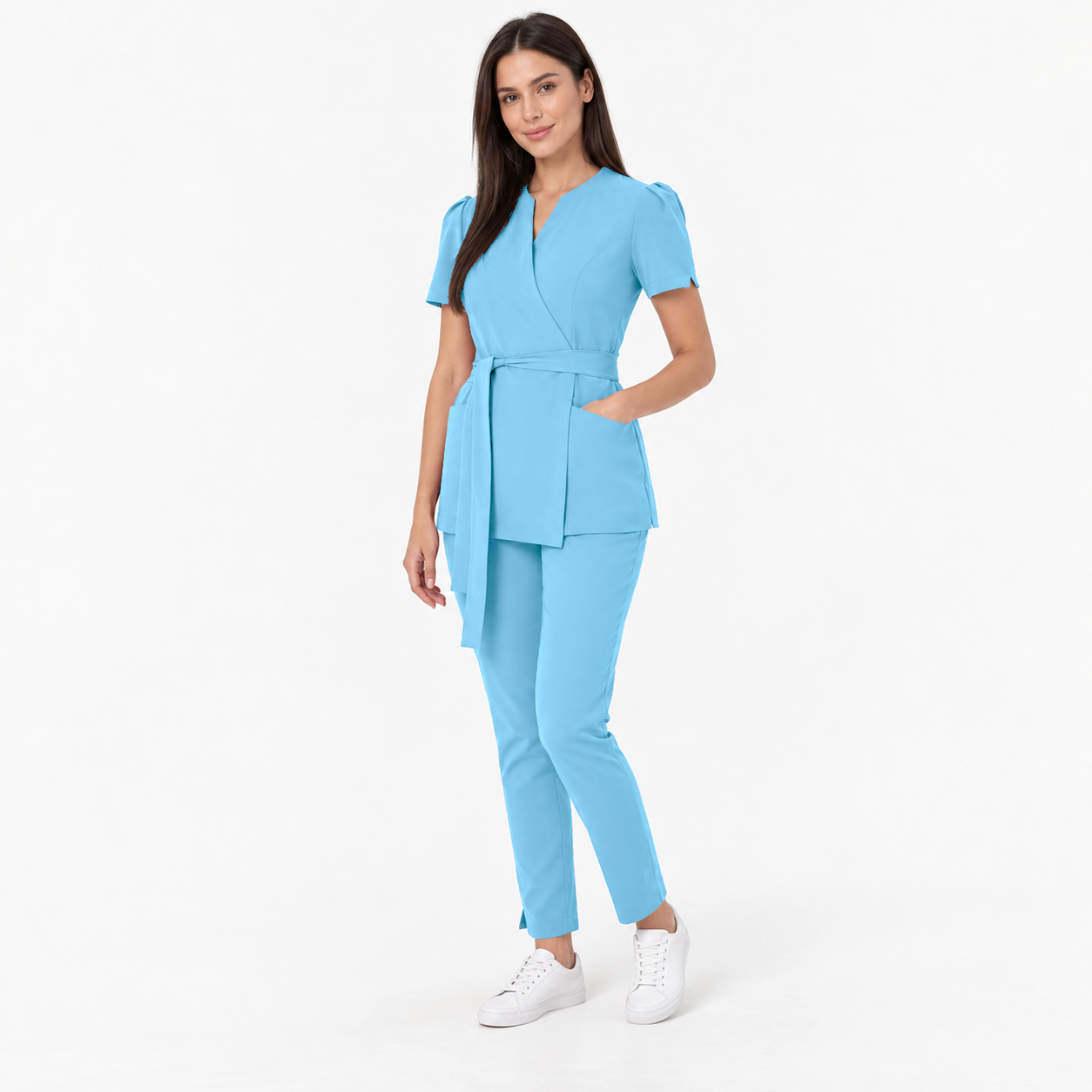 Dames wikkeltuniek Cleo, kleur hemelsblauw, driekwart
