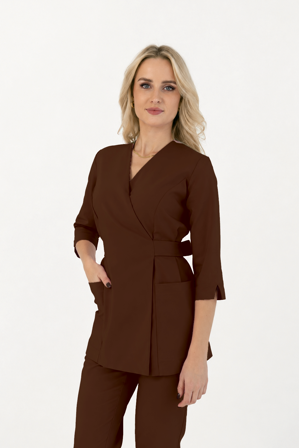 Dames wikkeltuniek Ana, kleur pure chocolade, driekwart