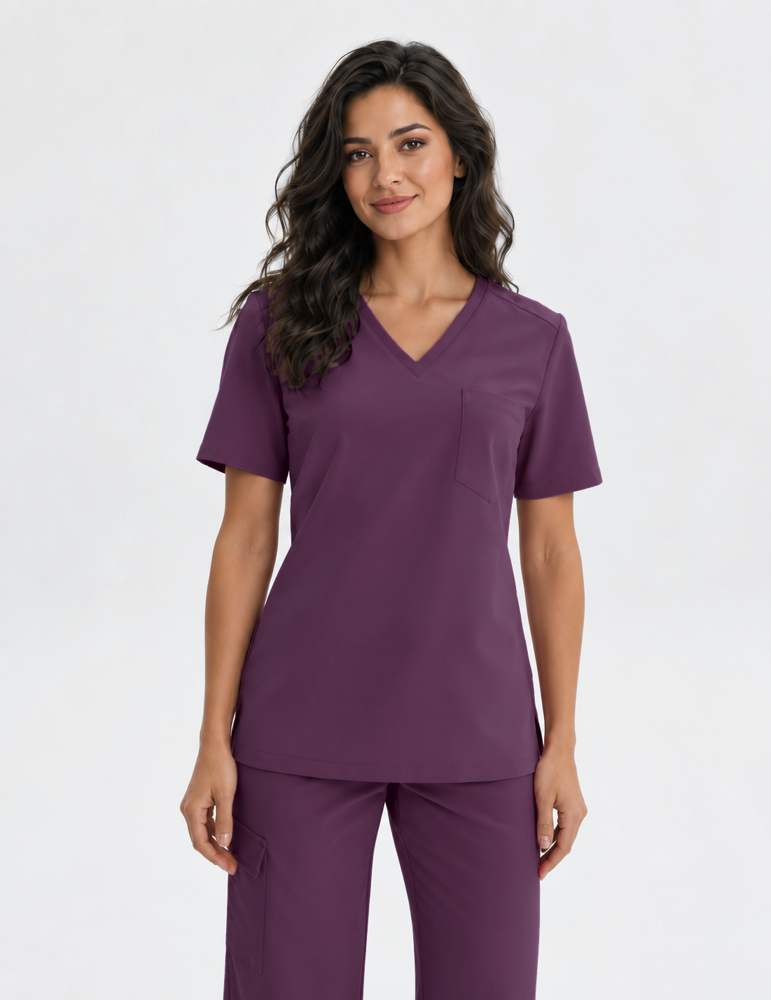 Dames scrubtop V-hals Aura, kleur aubergine, voorkant