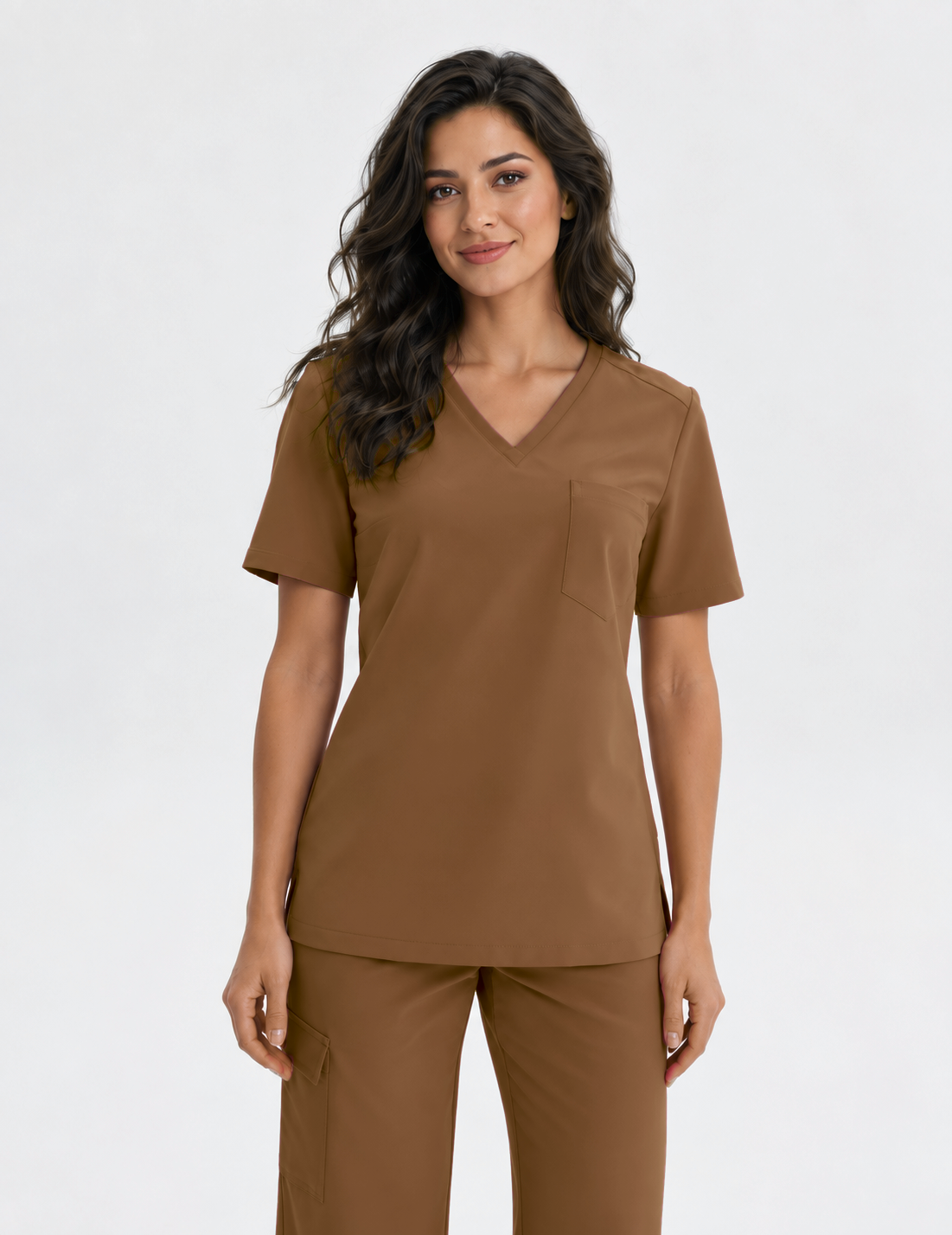 Dames scrubtop V-hals Aura, kleur chocolade, voorkant