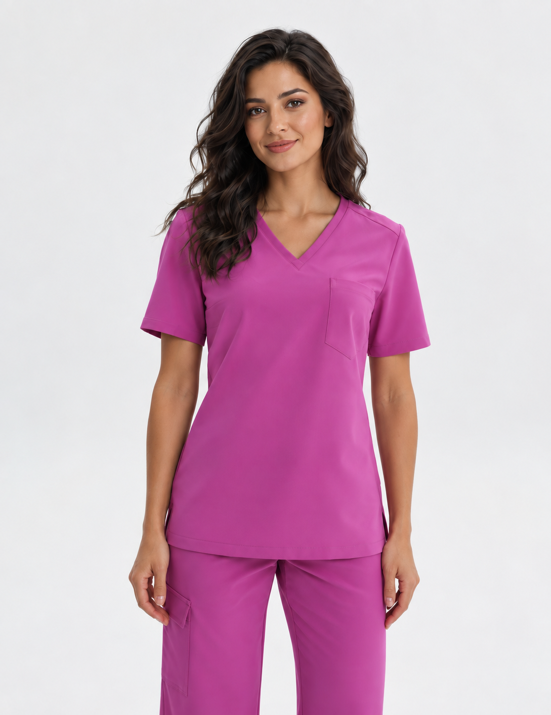 Dames scrubtop V-hals Aura, kleur amarant, voorkant