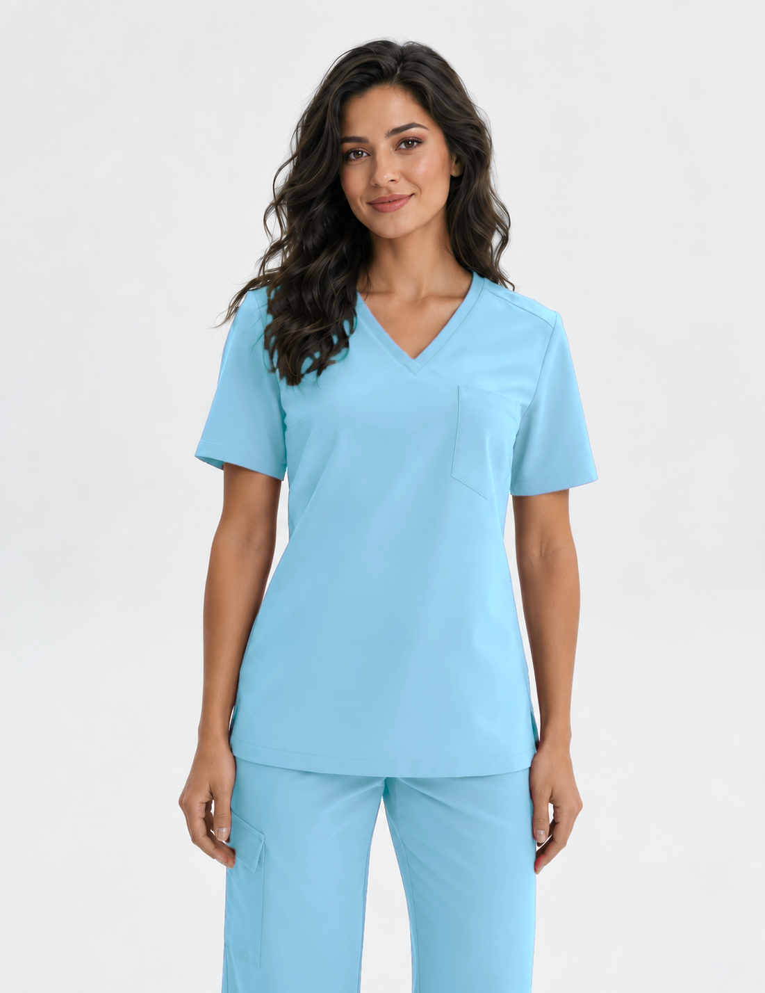 Dames scrubtop V-hals Aura, kleur hemelsblauw, voorkant
