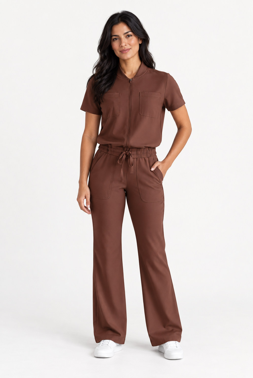 Dames scrubtop met borstzak Lea, kleur chocolade, voorkant