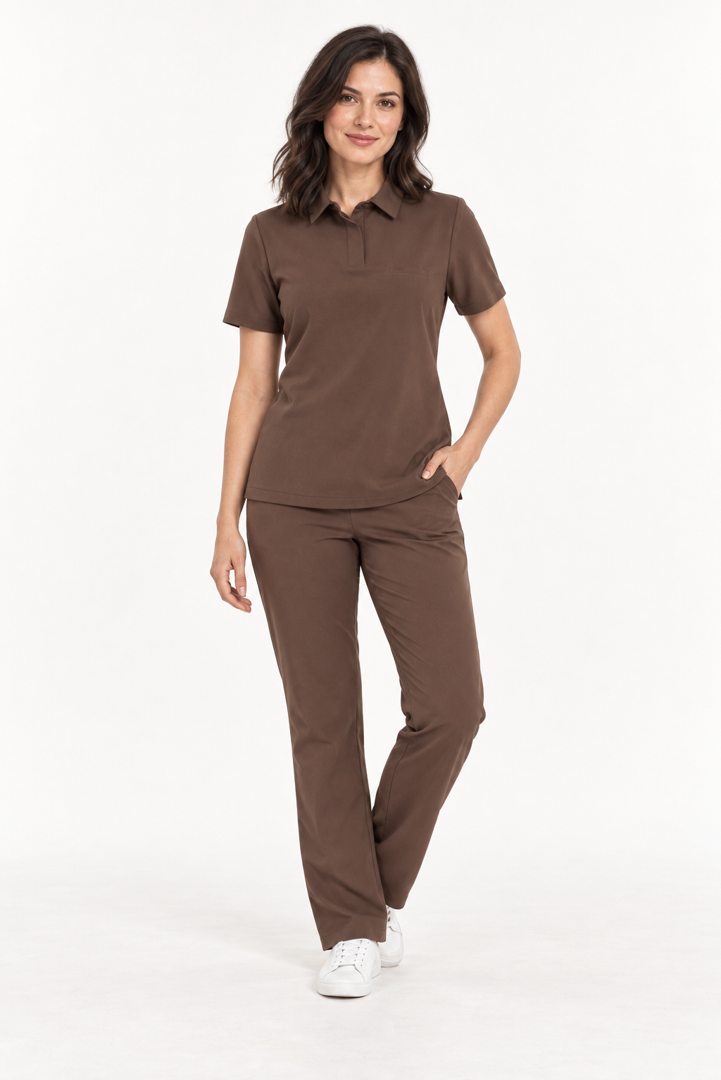 Dames scrubtop polokraag Tara, kleur espresso, voorkant